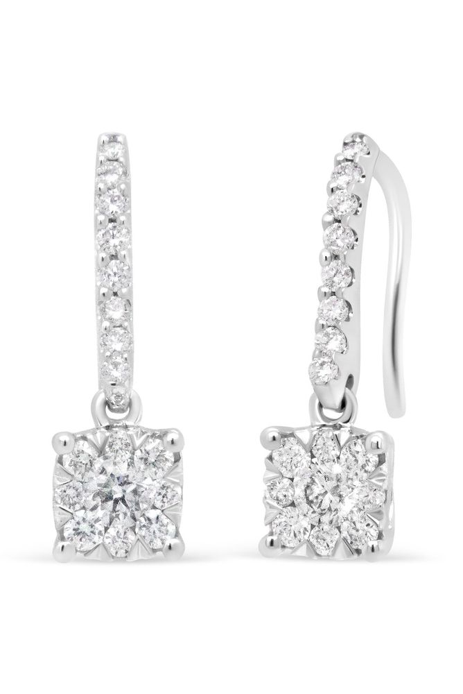 14K White 1/2 Cttw Round Diamond Halo Dangle Hook Earring -